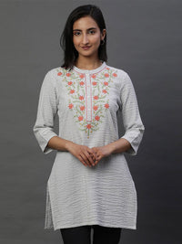 AURELIA Striped Mandarin Collar Thread Work Pure Cotton Kurti