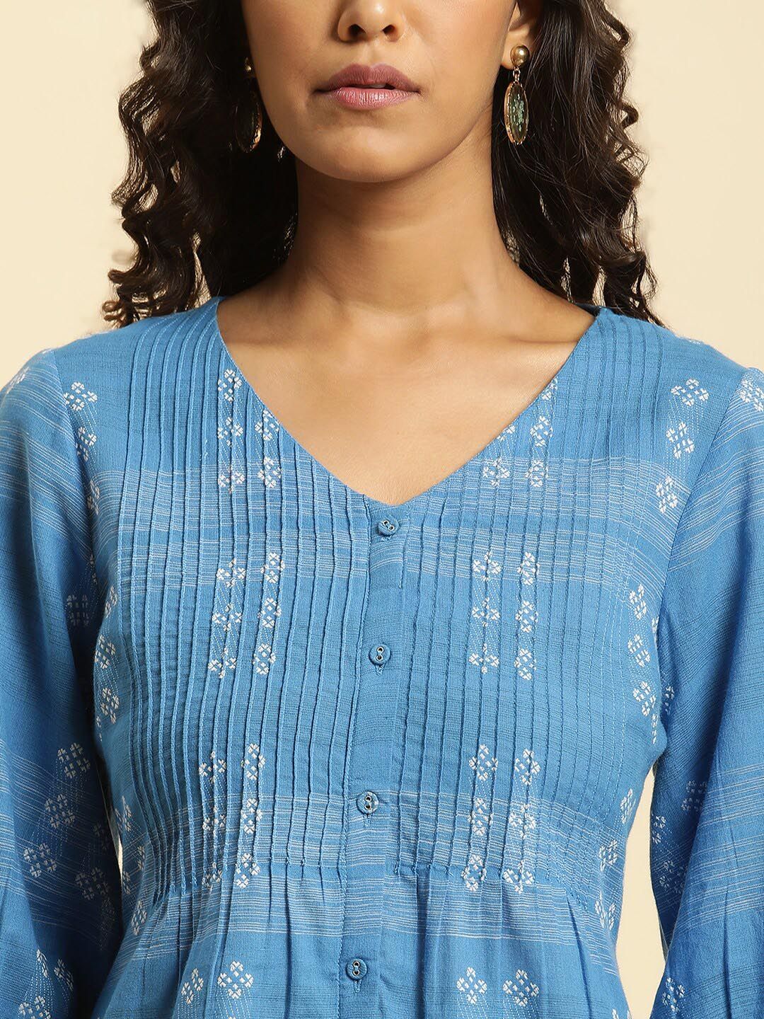 W Floral Woven Design Puffed Sleeves Panelled Pure Cotton A-Line Kurta