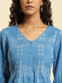 W Floral Woven Design Puffed Sleeves Panelled Pure Cotton A-Line Kurta