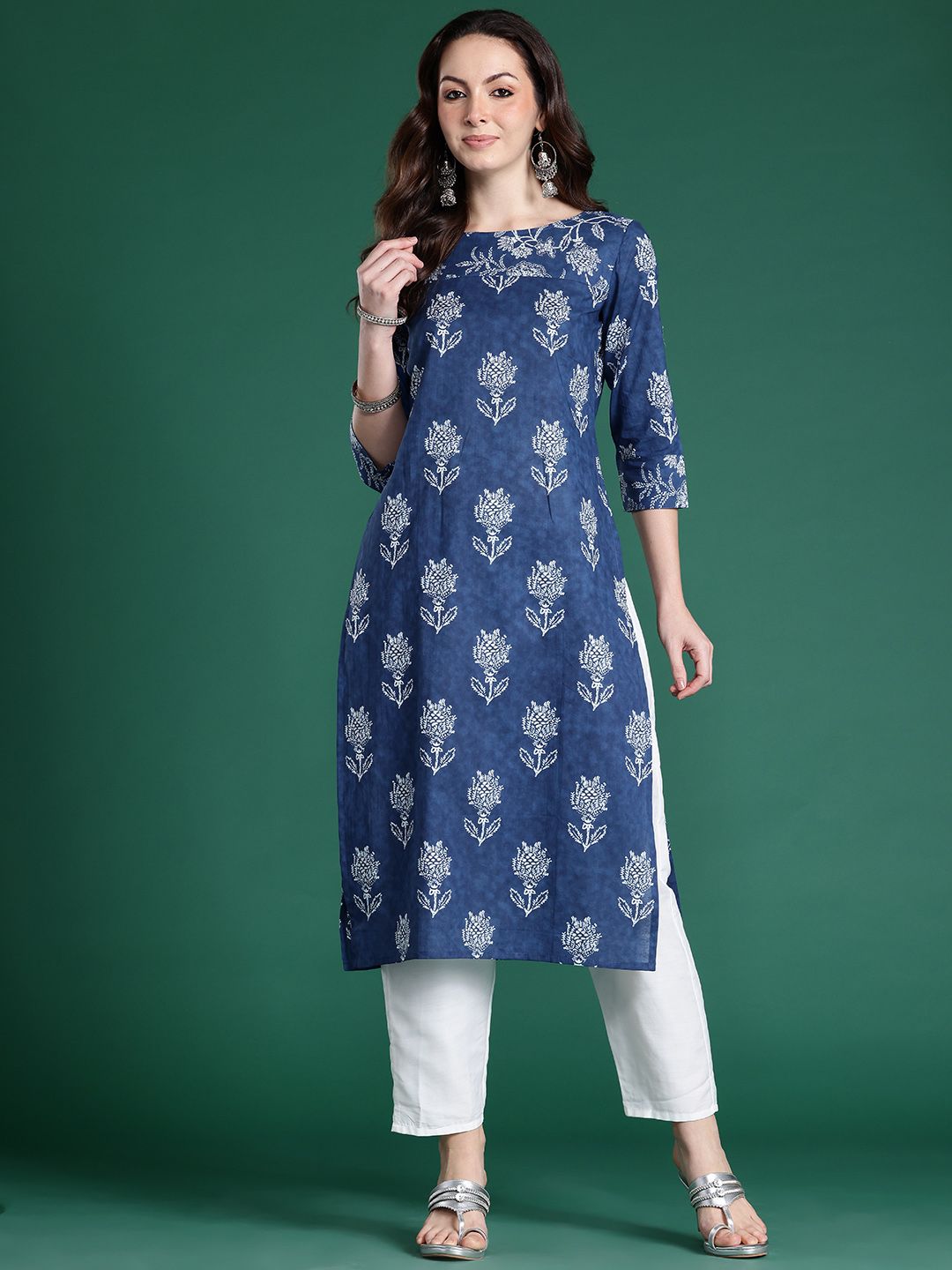 Indo Era Floral Printed Indigo Kurta