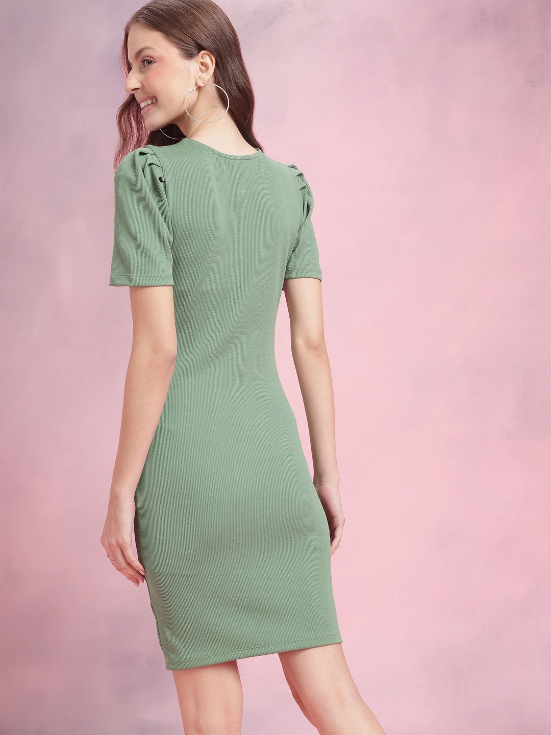 DressBerry Puff Sleeves Ribbed Bodycon Midi Dress