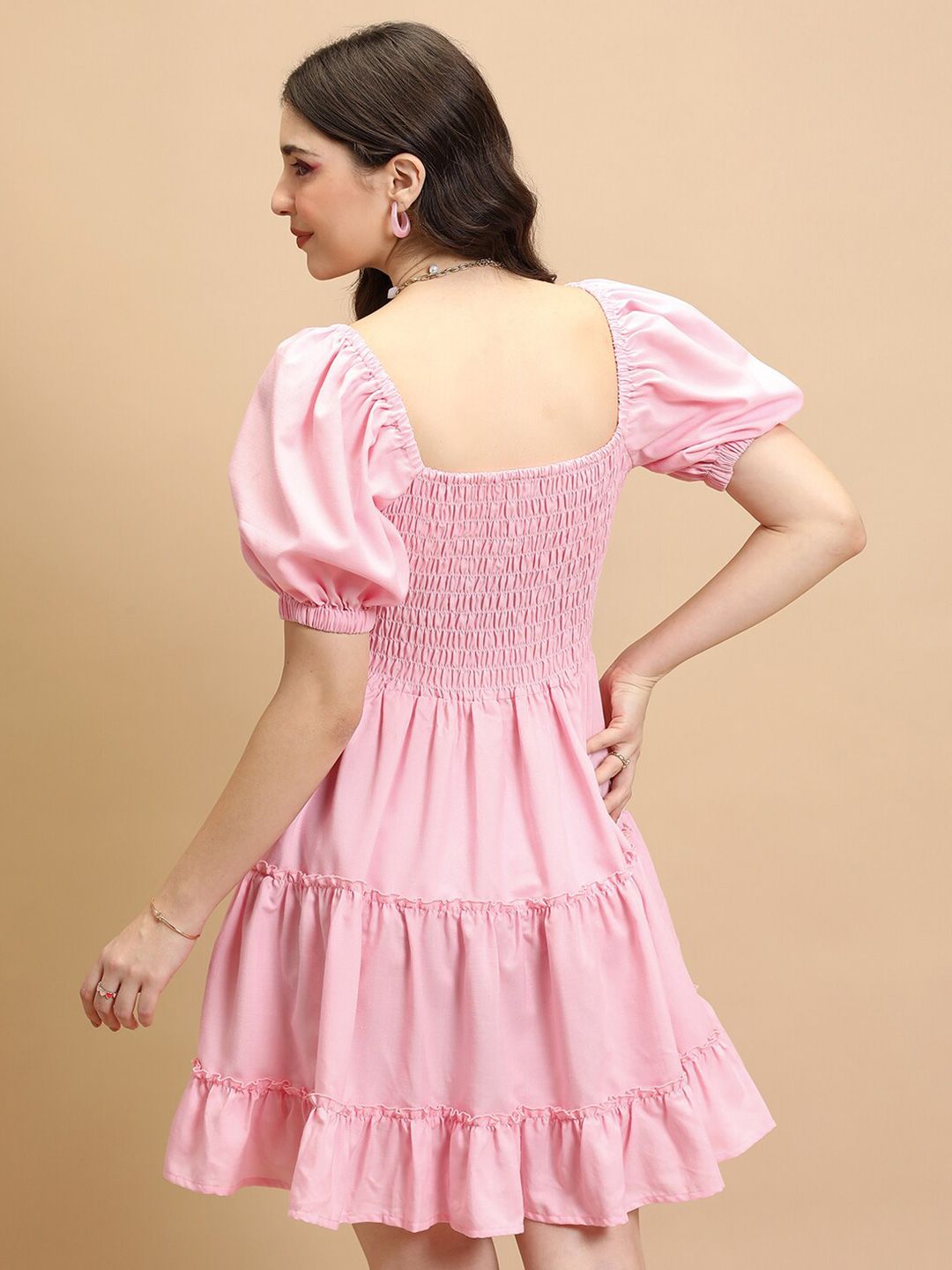 Tokyo Talkies Pink V-Neck Puff Sleeves Smocked Tiered Fit & Flare Dress