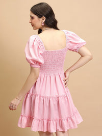 Tokyo Talkies Pink V-Neck Puff Sleeves Smocked Tiered Fit & Flare Dress