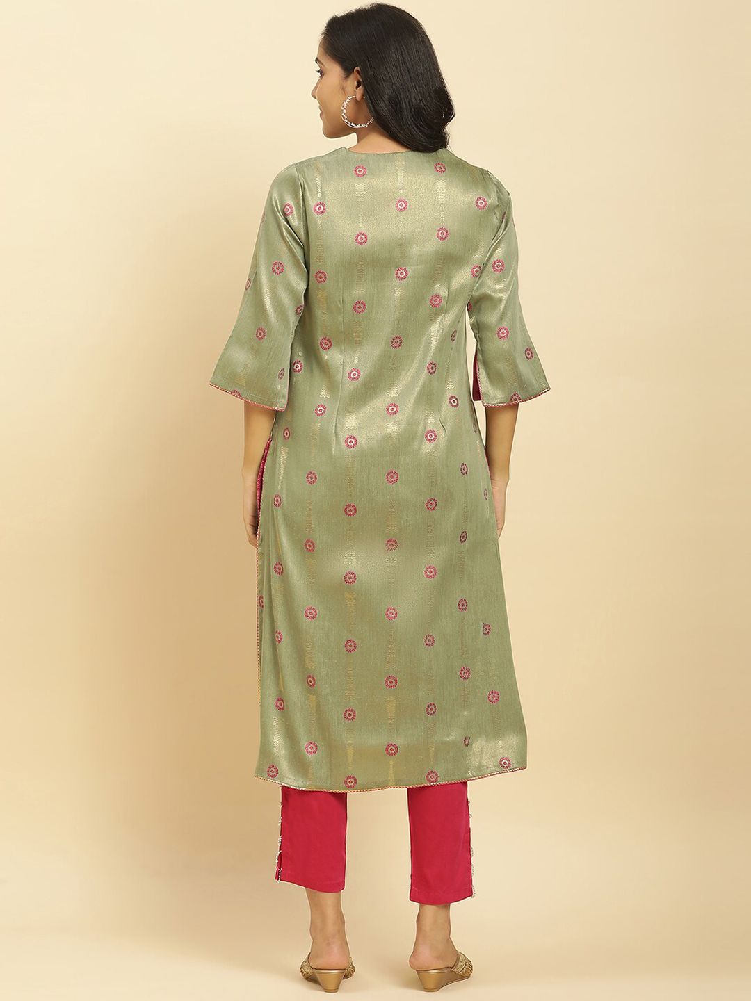 W Floral Woven Design V-Neck Three-Quarter Sleeve Gotta Patti Kurta