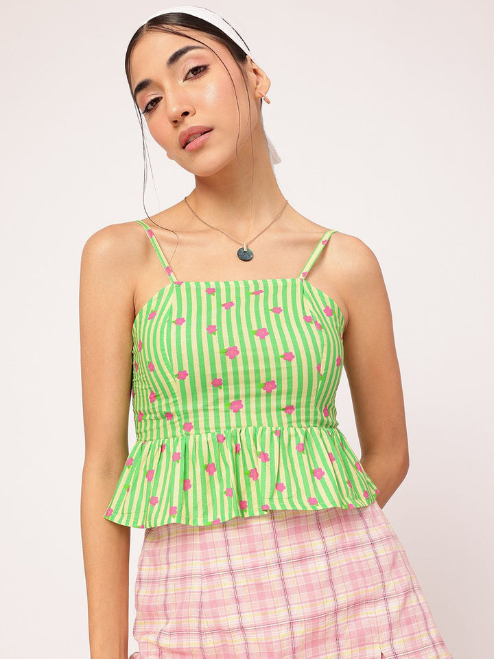 DressBerry Dreamy-Daisy Printed Shoulder Straps Smocked Peplum Top