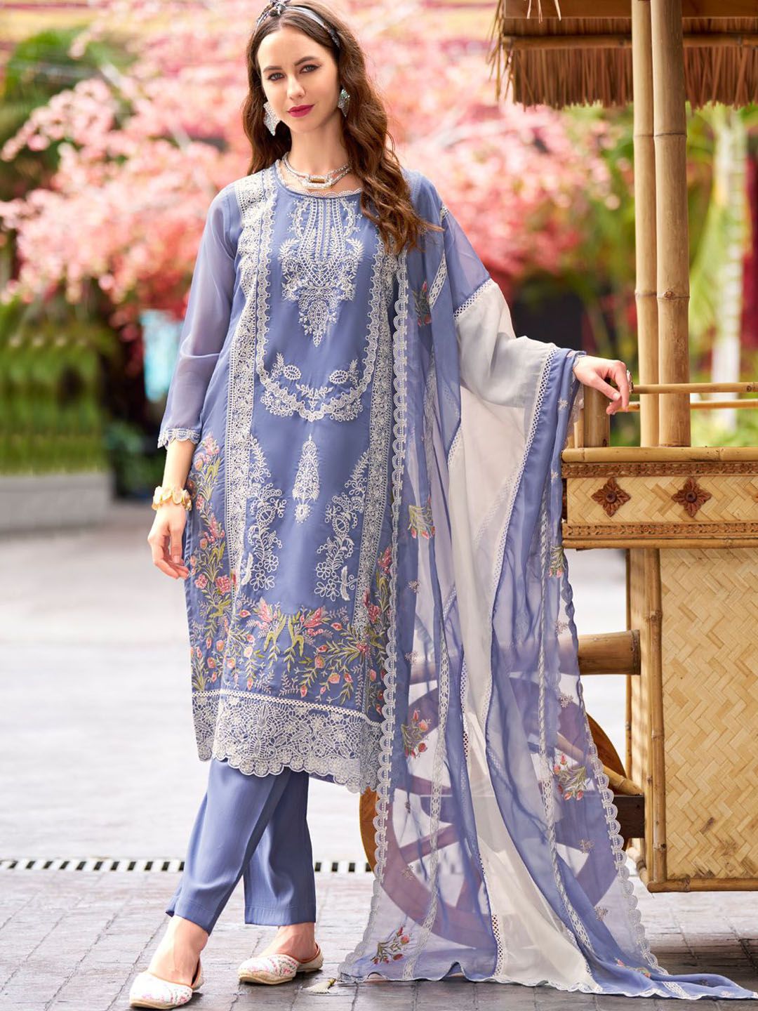 Indo Era Floral Embroidered Round Neck Thread Work Straight Kurta With Trousers & Dupatta