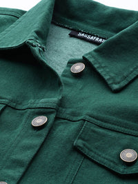 SASSAFRAS Women Green Solid Denim Jacket with Belt