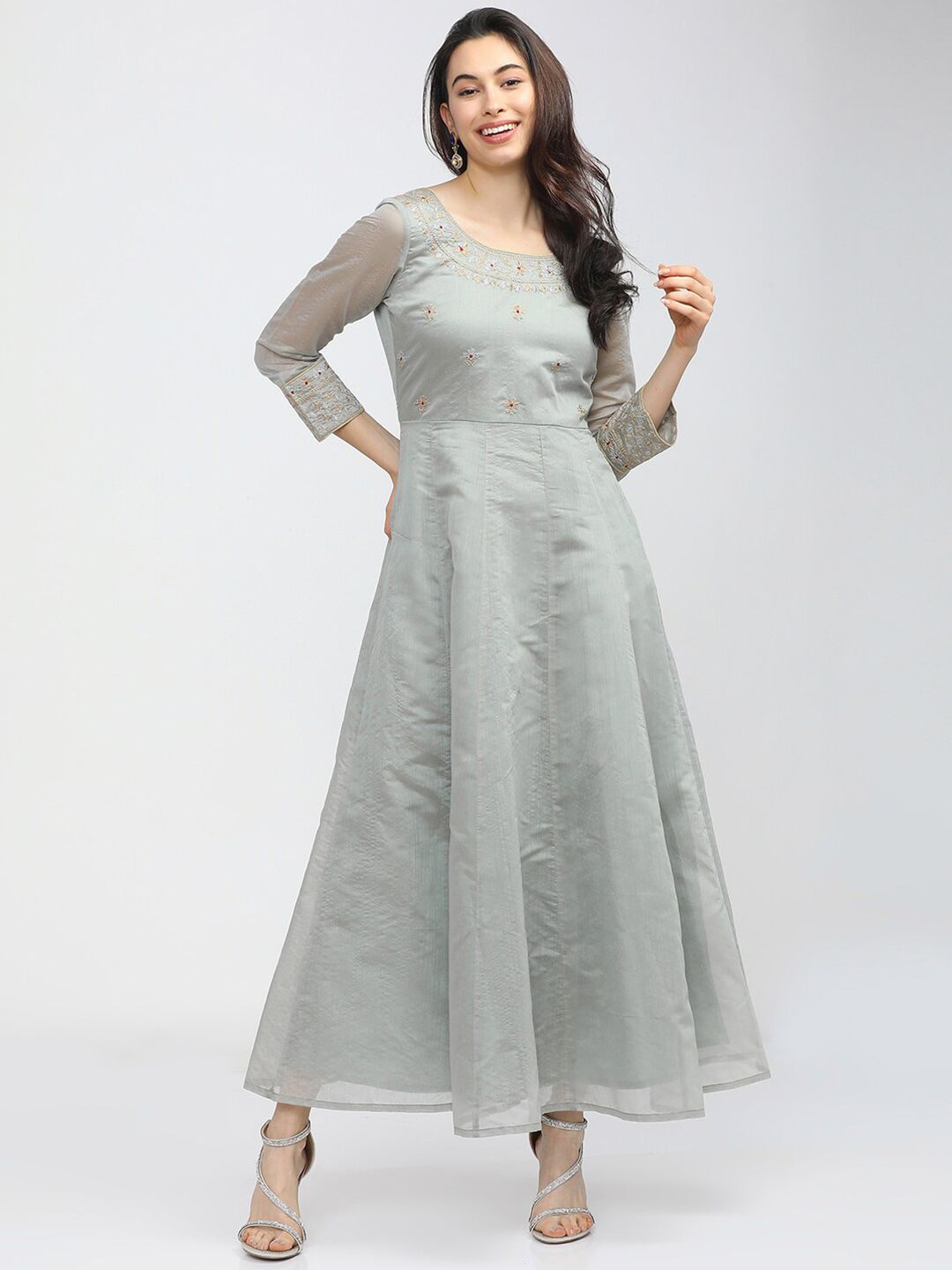 Vishudh Grey Floral Embroidered Ethnic Maxi Dress