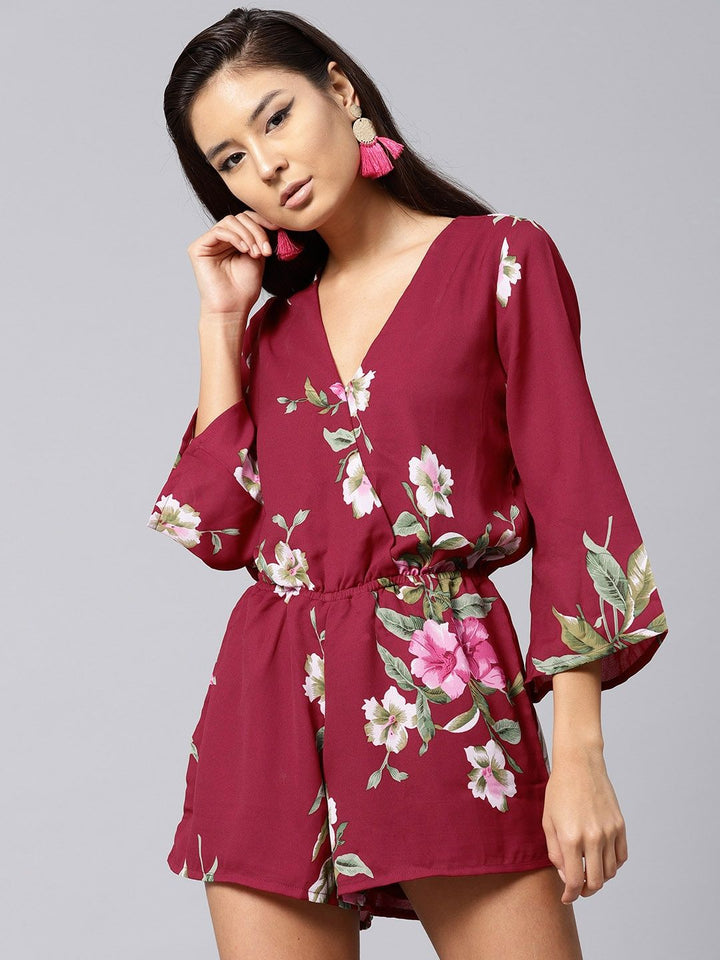SASSAFRAS Maroon & Green Floral Print Playsuit