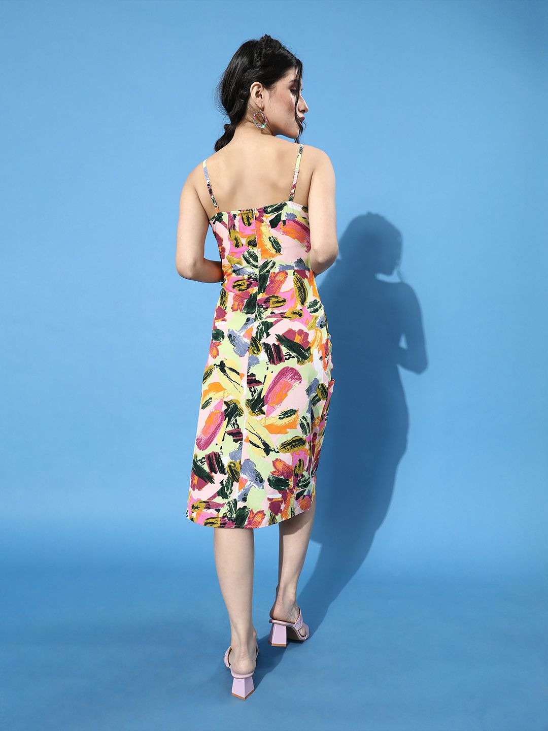 Berrylush Women Striking Multi-Coloured Abstract Ruched Dress