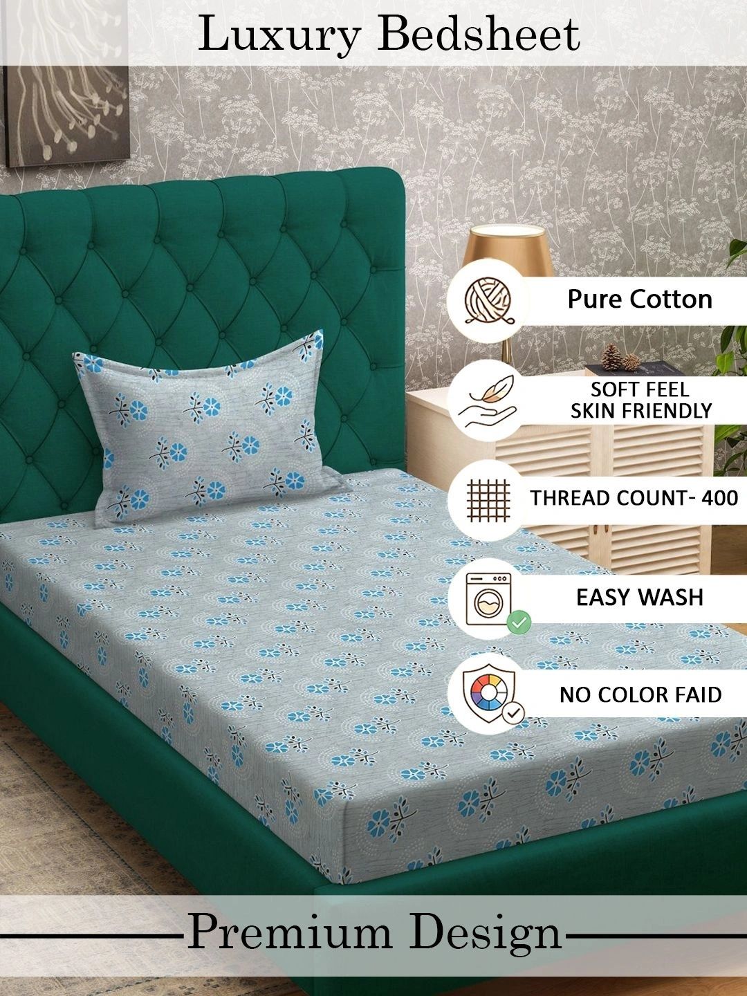 Myntra Elegant Homes Blue Floral 400 TC Single Bedsheet with 1 Pillow Covers