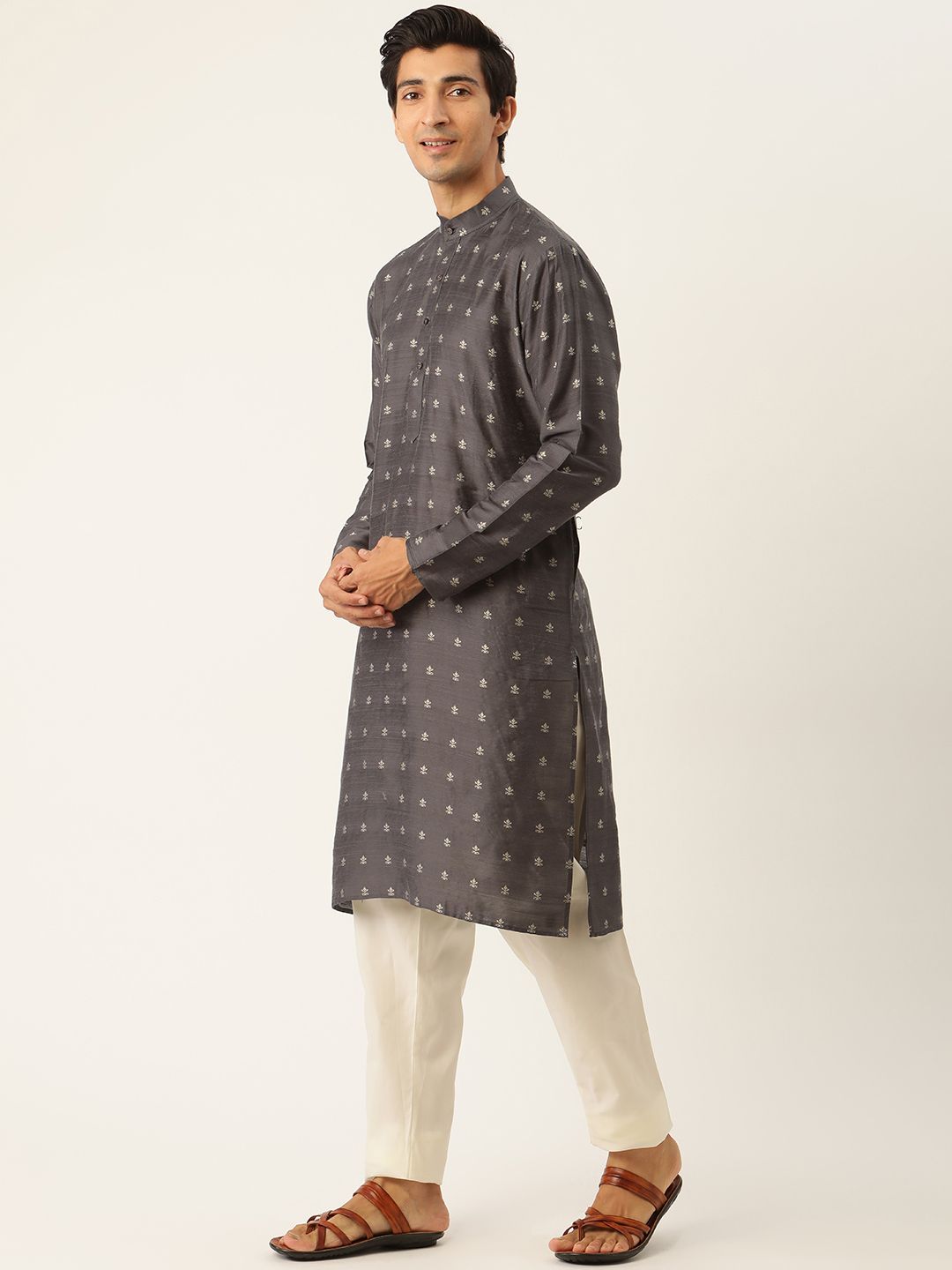 SOJANYA Men Charcoal Ethnic Motifs Kurta Set With Nehru Jacket