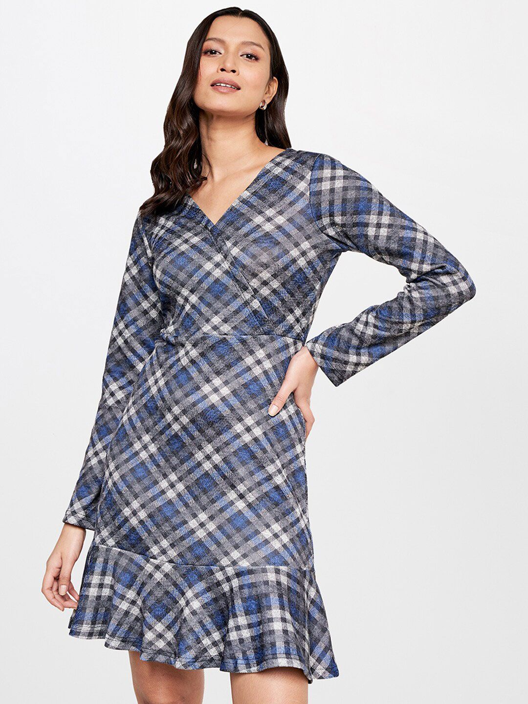 AND Checked V-Neck A-Line Dress