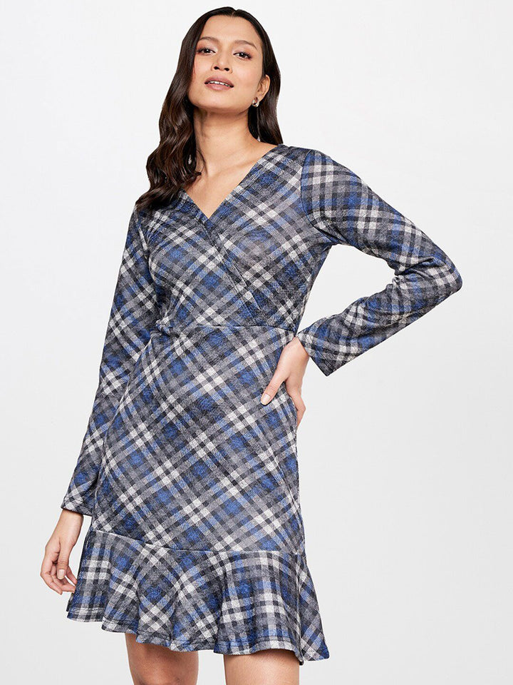 AND Checked V-Neck A-Line Dress