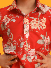 VASTRAMAY Boys Floral Printed Shirt Collar Kurta With Pyjamas
