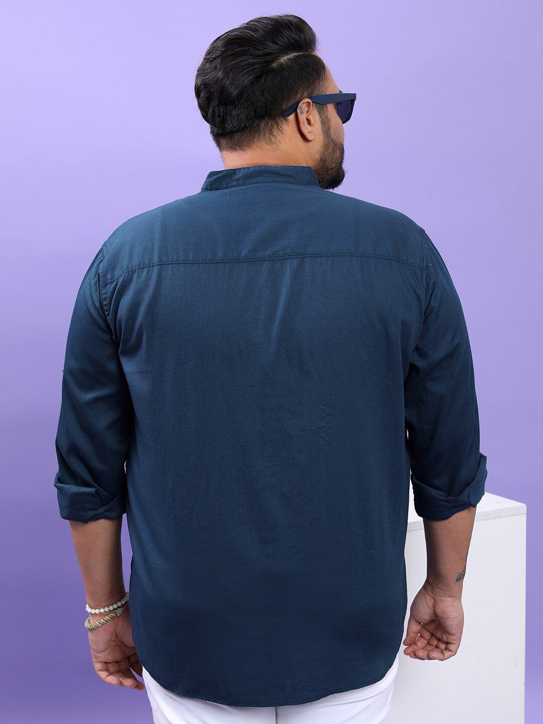 HIGHLANDER Plus Size Blue Band Collar Long Sleeves Cotton Casual Shirt