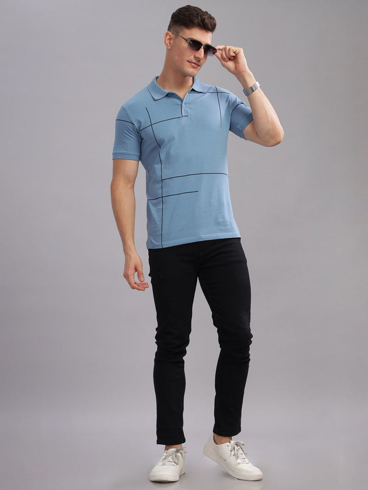 ADRO Geometric Printed Polo Collar Short Sleeves Cotton Oversized Casual T-shirt