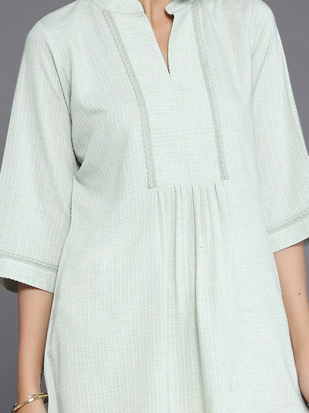 Libas Striped Mandarin Collar Lace Straight Kurti