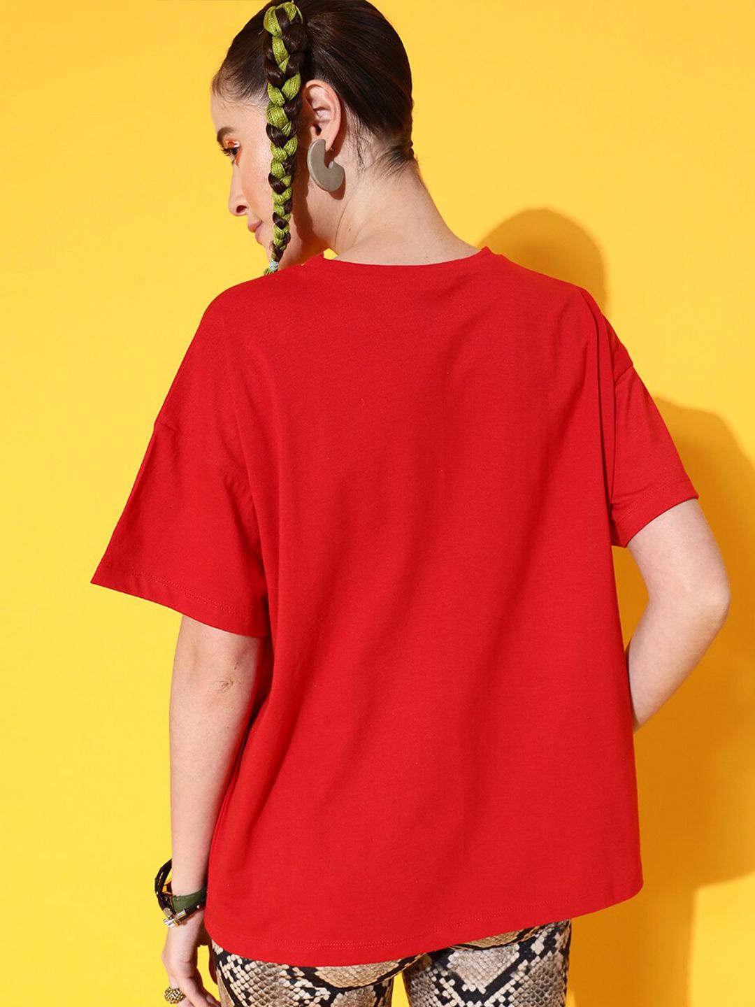 STREET 9 Women Red Printed Cotton Drop-Shoulder Sleeves Bio Finish T-shirt