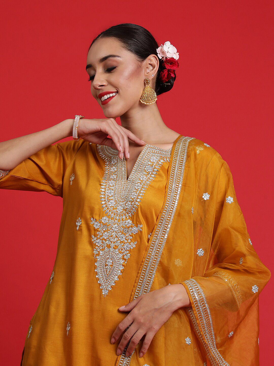 Indo Era Ethnic Motifs Embroidered Sequinned Straight Kurta & Trousers With Dupatta