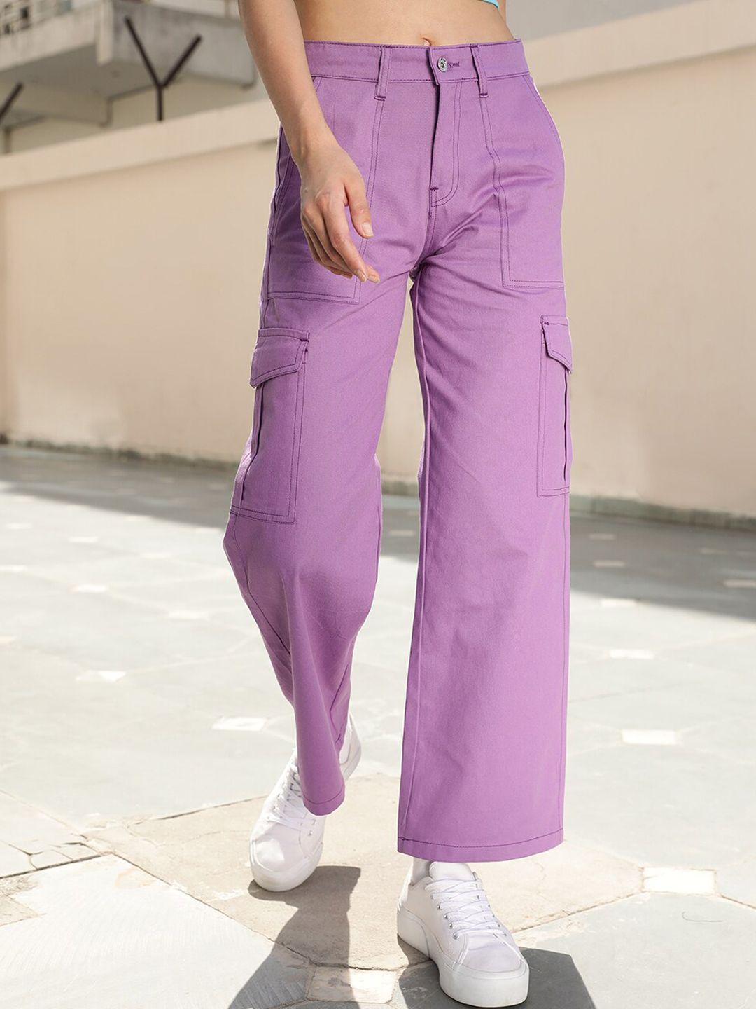 STREET 9 Women Lavender Relaxed High-Rise Cotton Cargo Trousers
