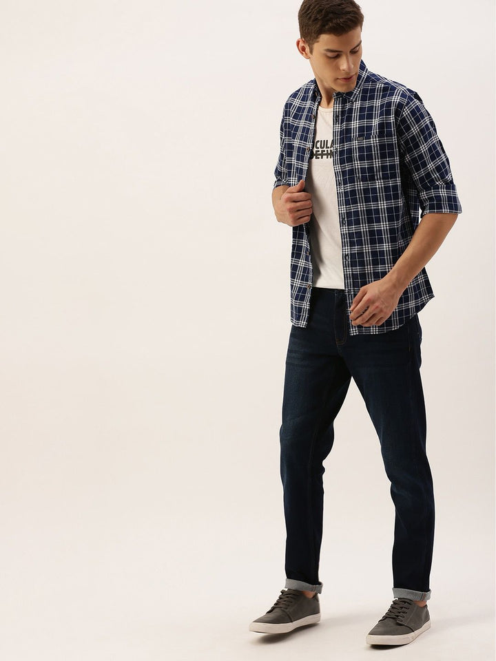 The Indian Garage Co Men Navy Blue & White Slim Fit Checked Casual Shirt