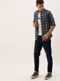 The Indian Garage Co Men Navy Blue & White Slim Fit Checked Casual Shirt