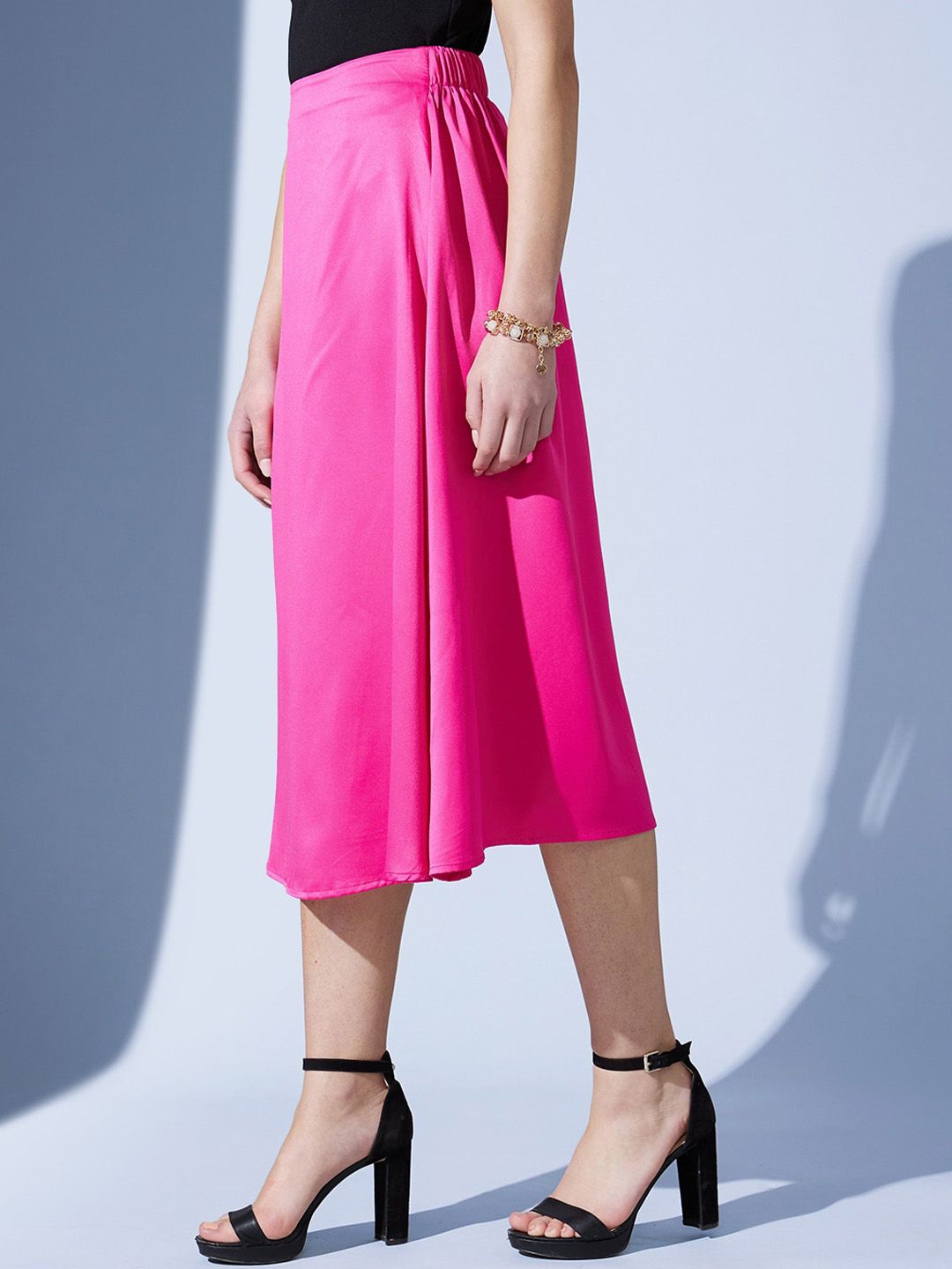 STREET 9 Fuchsia Satin A-Line Midi Skirt