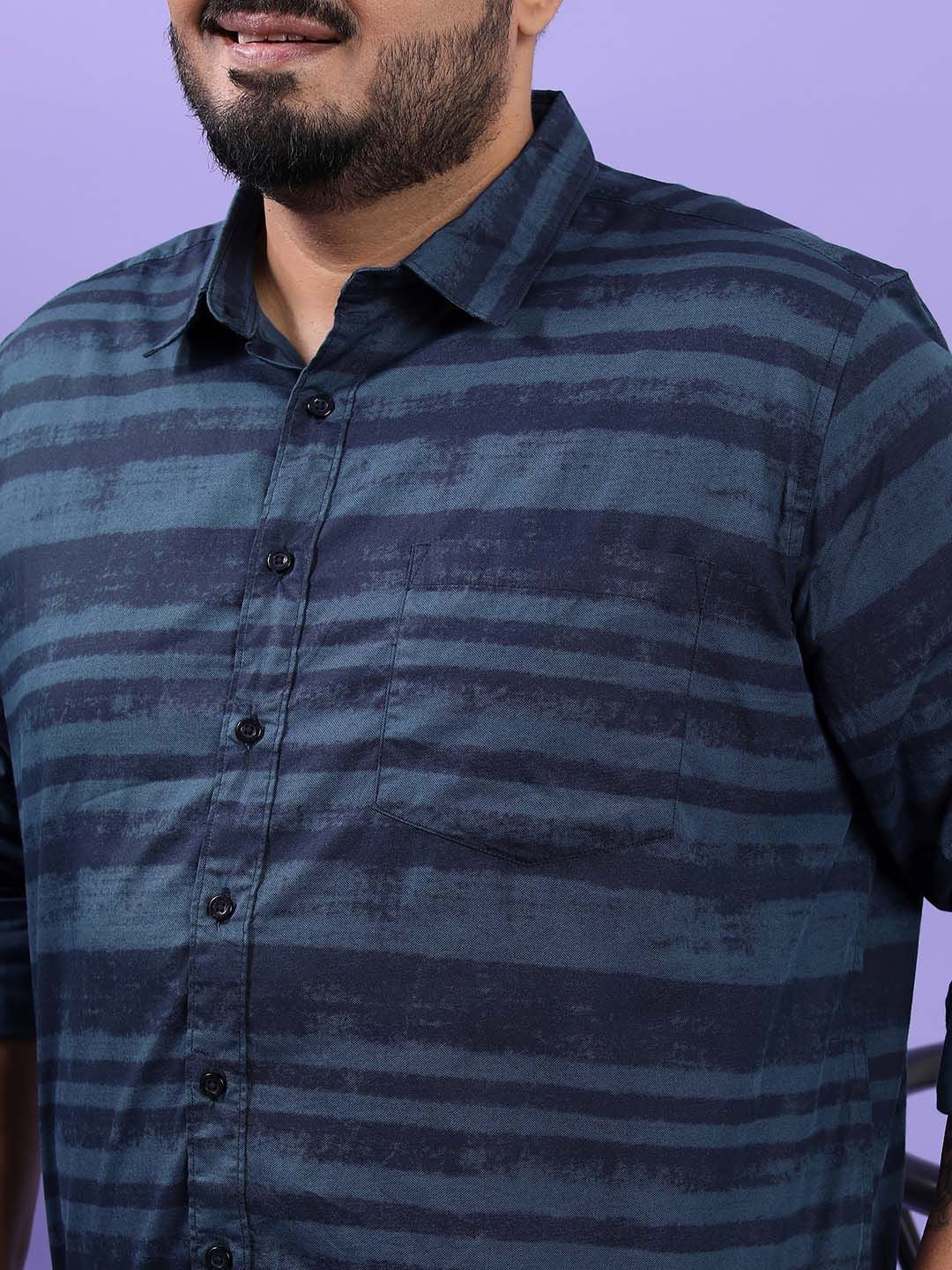 HIGHLANDER Plus Size Horizontal Striped Cotton Casual Shirt