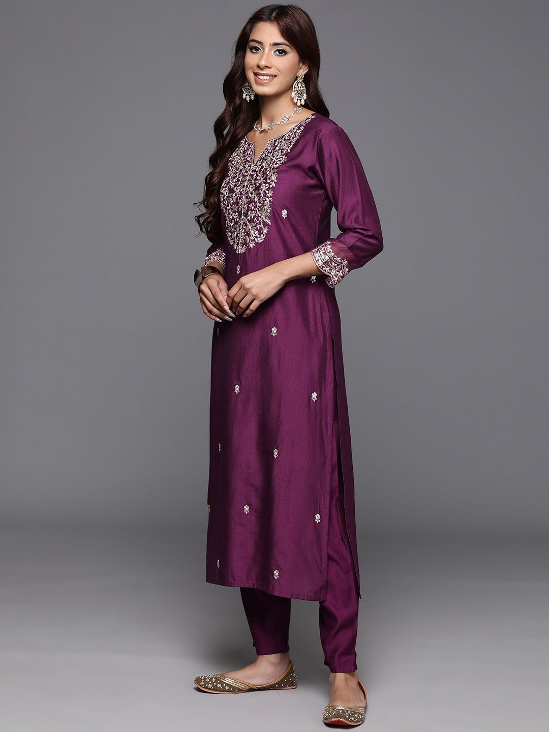 Indo Era Floral Embroidered Sequinned Liva Kurta with Trousers & Dupatta