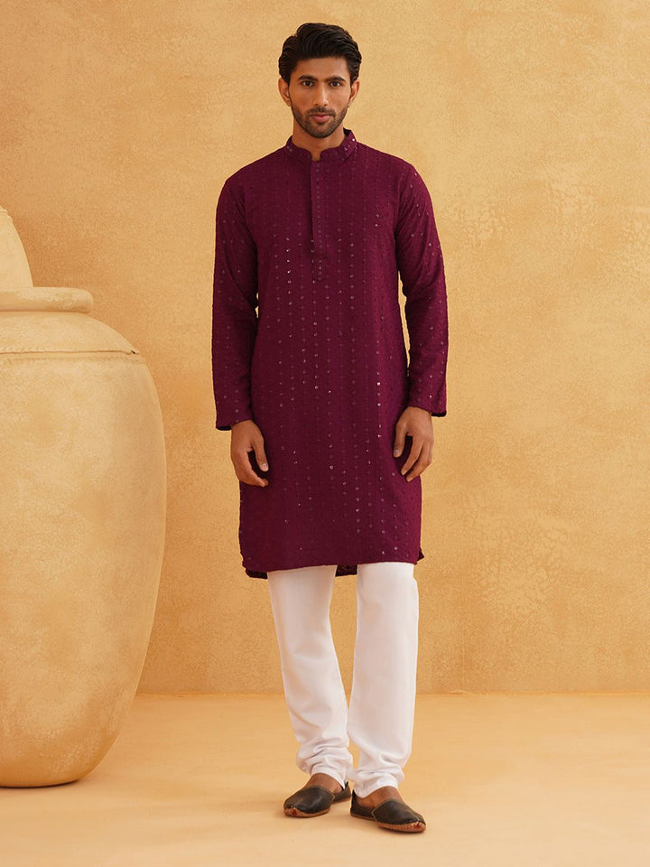 SOJANYA Lelaki Purple Embroidered Regular Pure Cotton Kurta with Churidar
