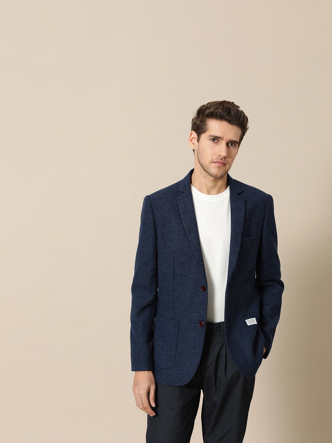 Mr Bowerbird Men Navy Blue Solid Single Breasted Casual Tweed Blazer