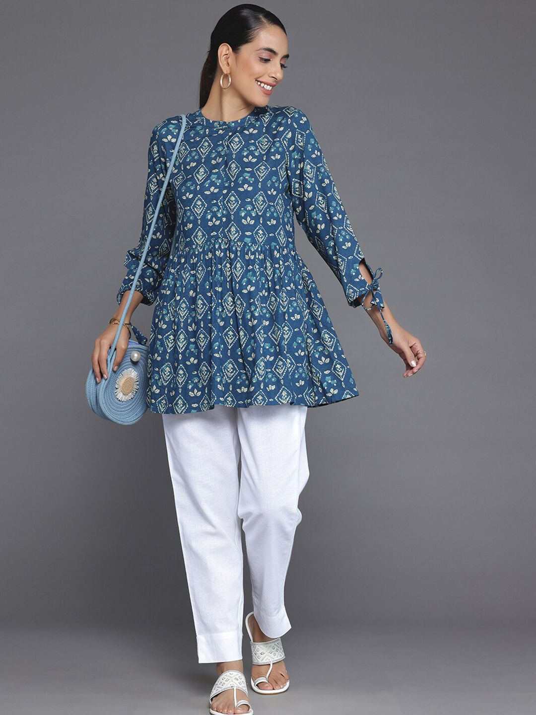 Libas Ethnic Motifs Printed Mandarin Collar Tie Up A-Line Kurti