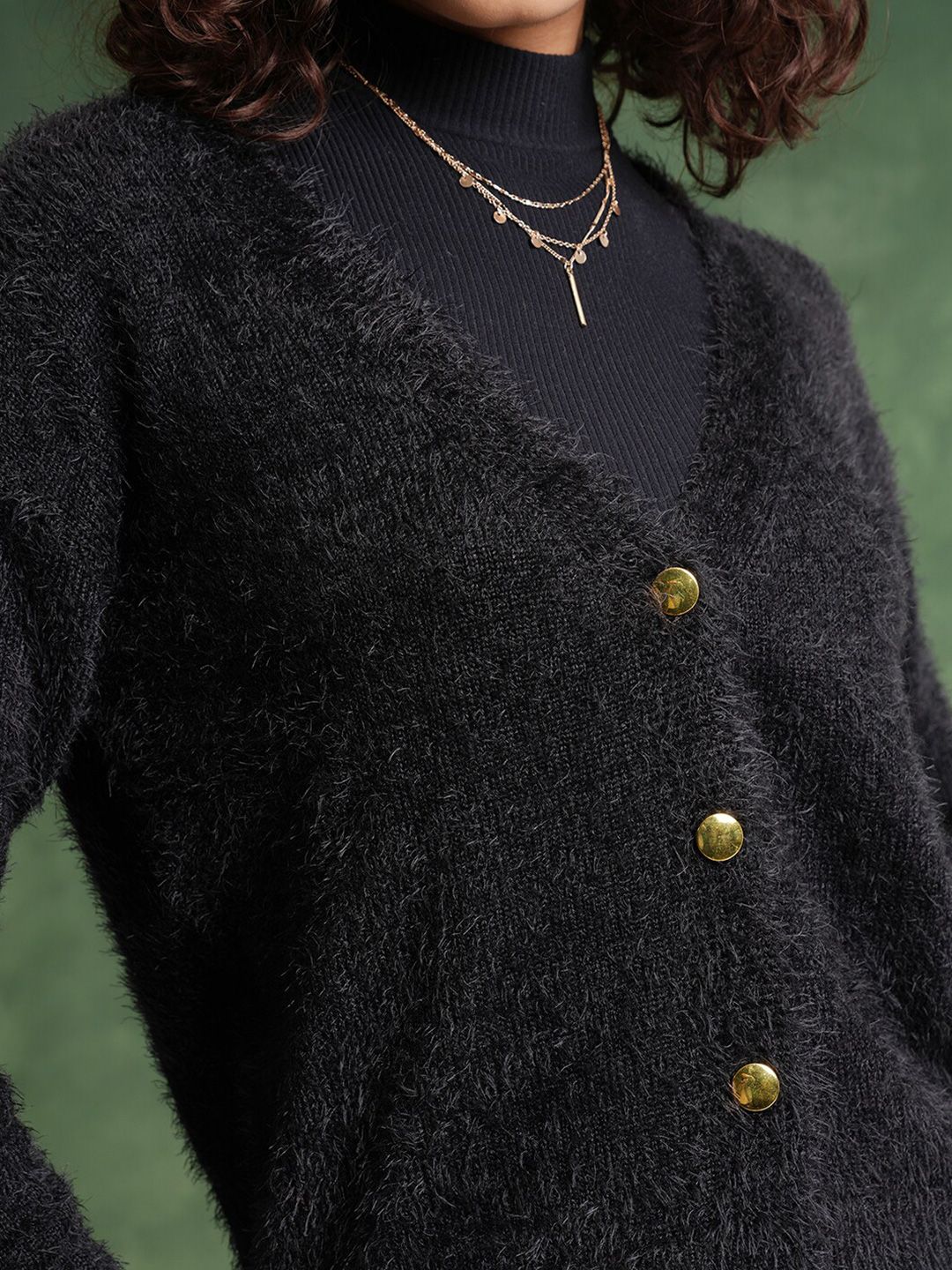 Tokyo Talkies Black Self Designed V-Neck Crop Acrylic Cardigan