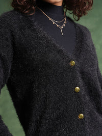Tokyo Talkies Black Self Designed V-Neck Crop Acrylic Cardigan