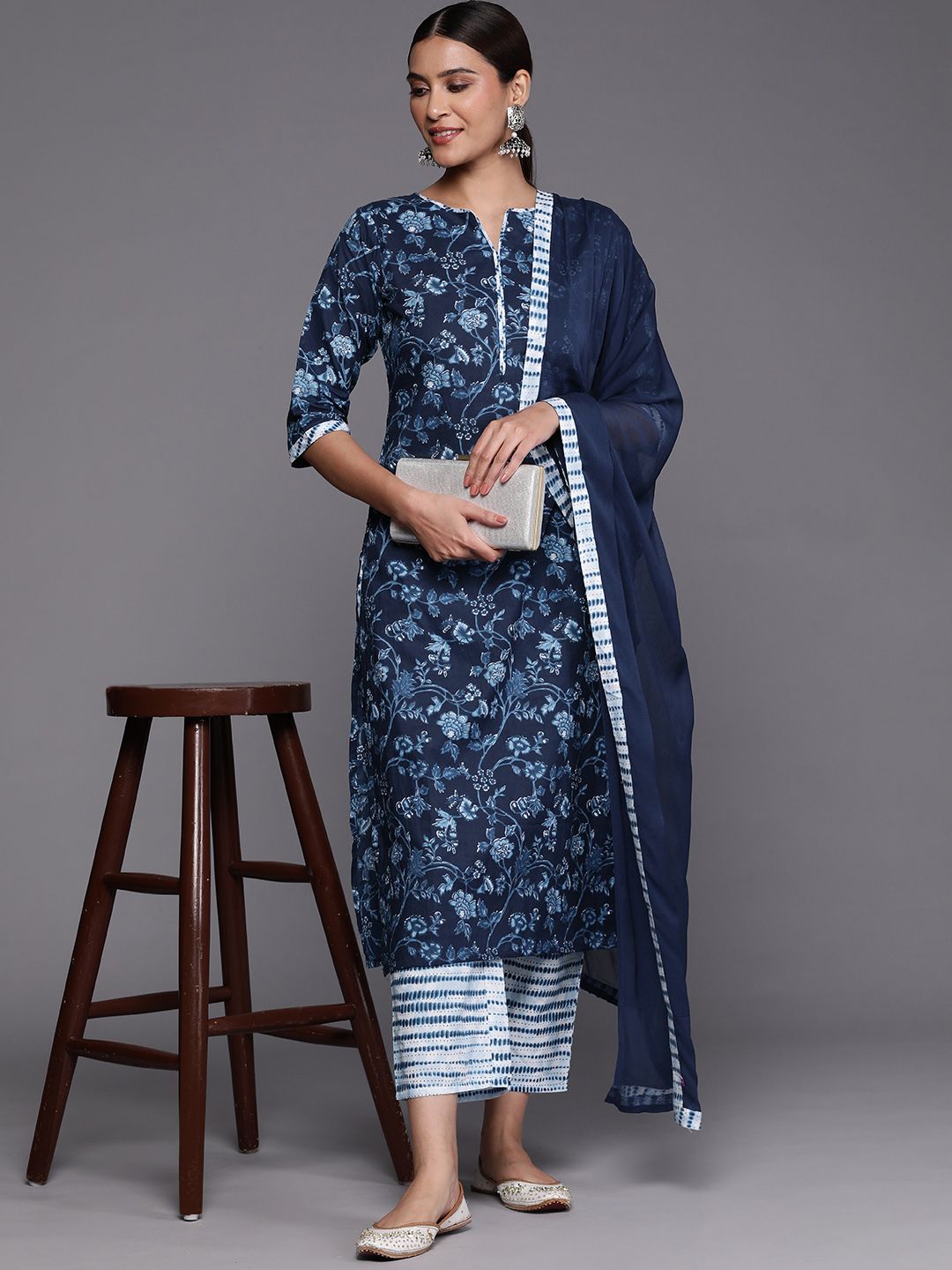 Libas Women Floral Printed Pure Cotton Kurta With Trousers & With Dupatta
