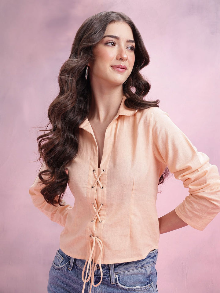 DressBerry Cotton Linen Tie-Up Back Shirt Style Top