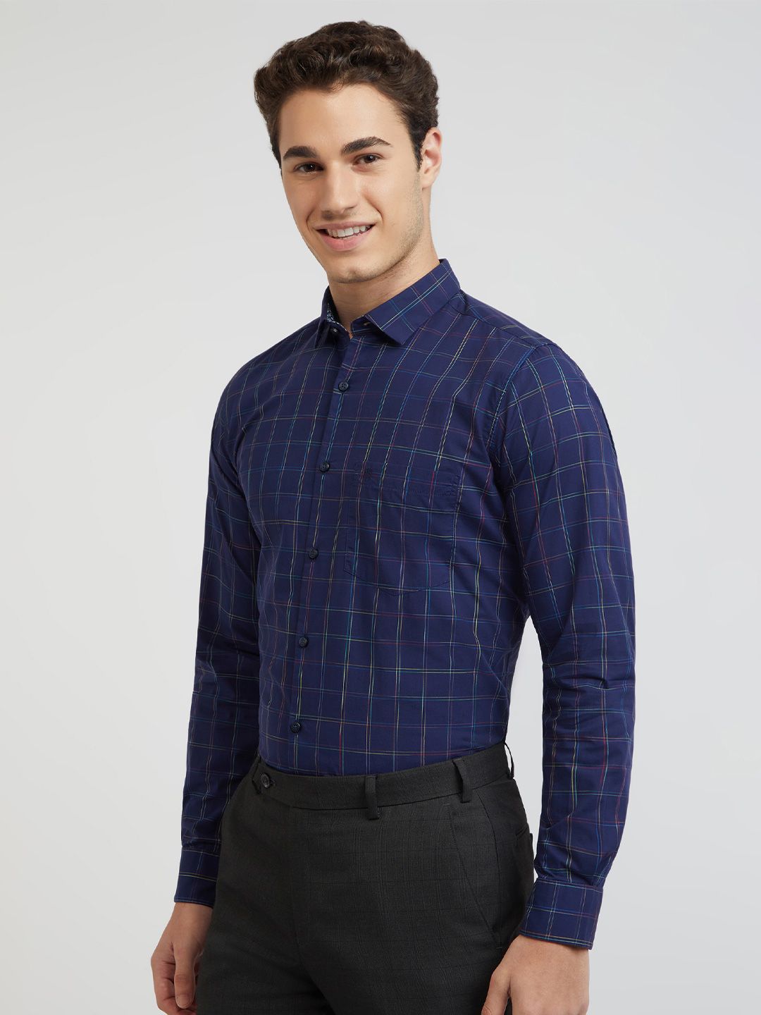 Raymond Men Blue Checked Pure Cotton Shirt