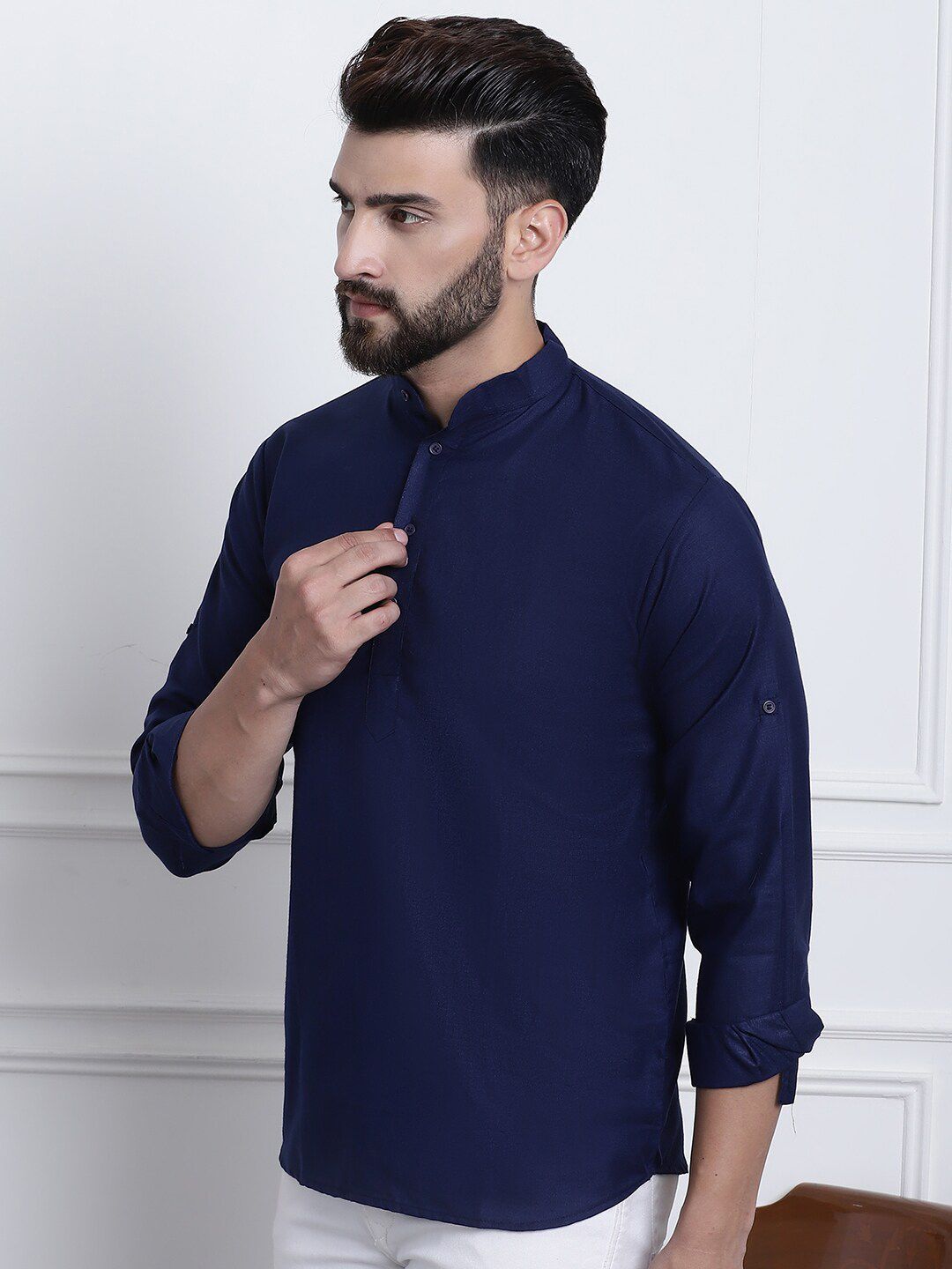SOJANYA Band Collar Roll-Up Lengan Cotton Straight Kurta