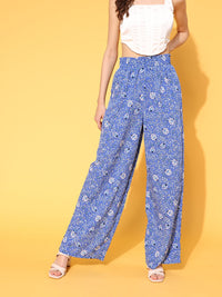 Berrylush Women Elegant Blue Floral Roman Column Trousers
