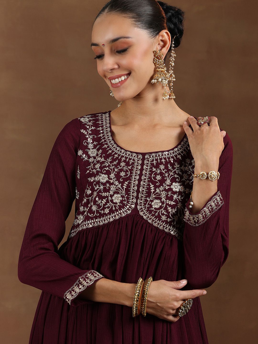 Libas Floral Yoke Design Pleated Sequinned A-Line Kurta With Trouser & Dupatta