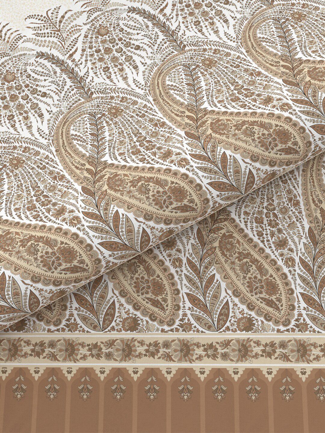 MYTRIDENT Brown & White Ethnic Motifs Cotton 144 TC King Bedsheet With 2 Pillow Covers