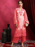 Vishudh Pink Ethnic Motifs Printed V-Neck Straight Kurta with Palazzos