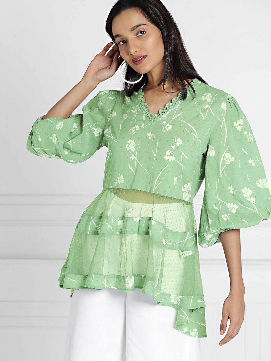 all about you Women Green & White Printed Semi Sheer High-Low Top