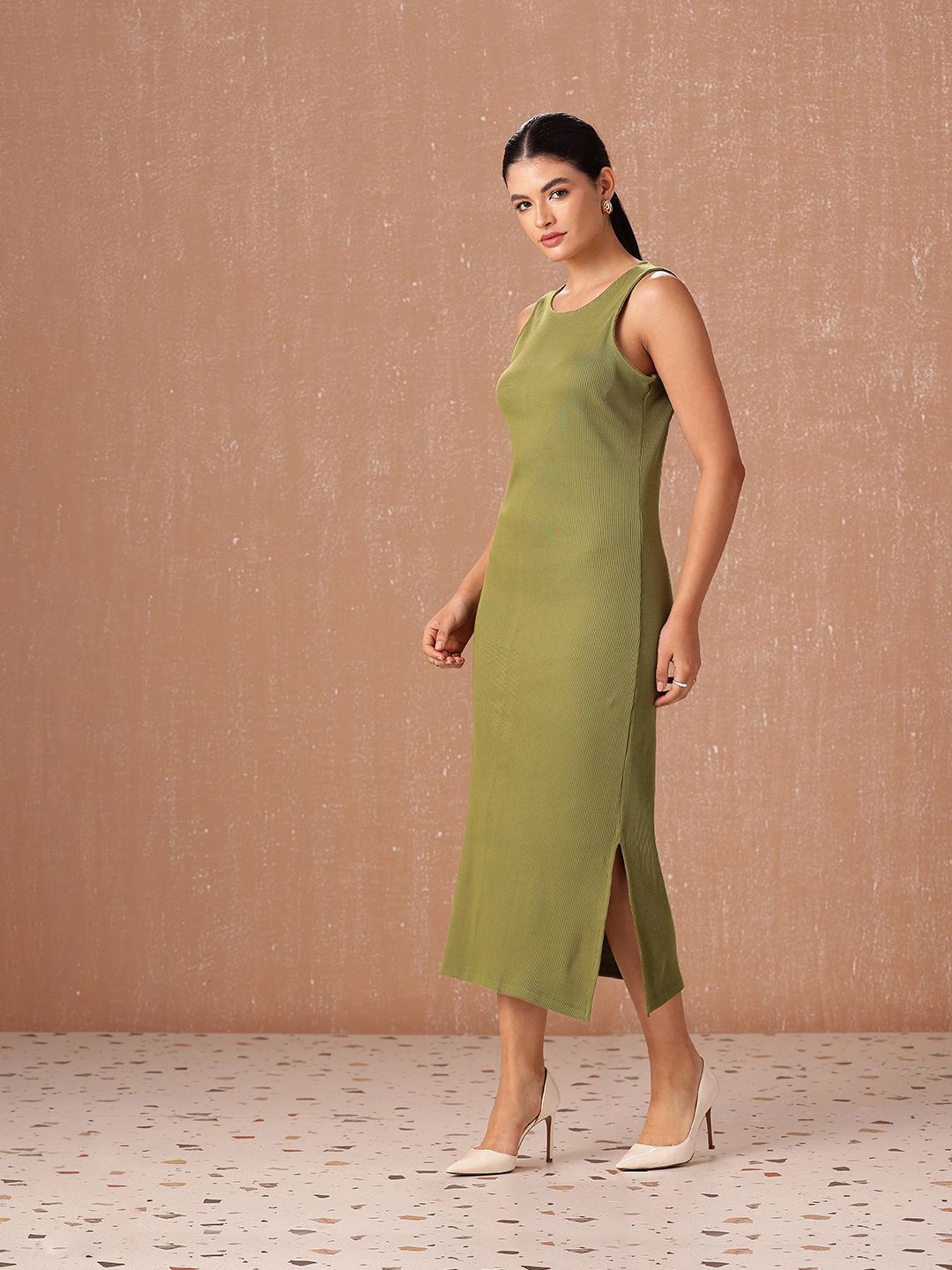 all about you Pure Cotton Ribbed Sleeveless Side Slits Sheath Midi Dress