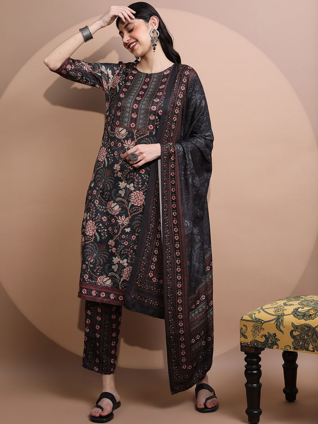 Vishudh Women Faux Pashmia Floral Printed Kurta with Palazzos & Dupatta