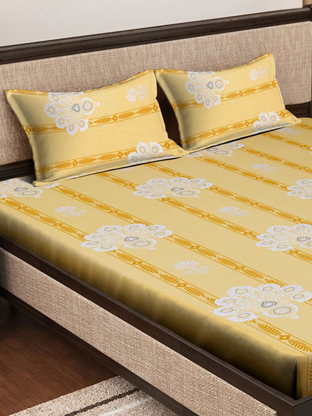 KLOTTHE Yellow Floral Pure Cotton 400 TC Fitted King Superfine Bedsheet with 2 Pillow Covers-98 x 89 inches
