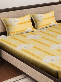 KLOTTHE Yellow Floral Pure Cotton 400 TC Fitted King Superfine Bedsheet with 2 Pillow Covers-98 x 89 inches