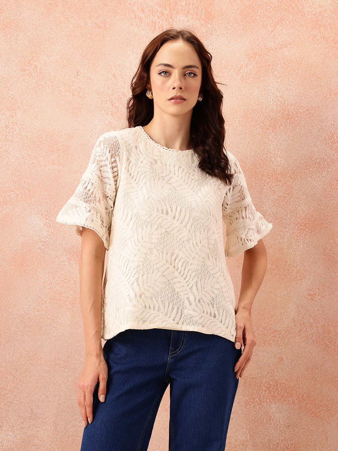 all about you Self Design Lace Up Bell Sleeve Top