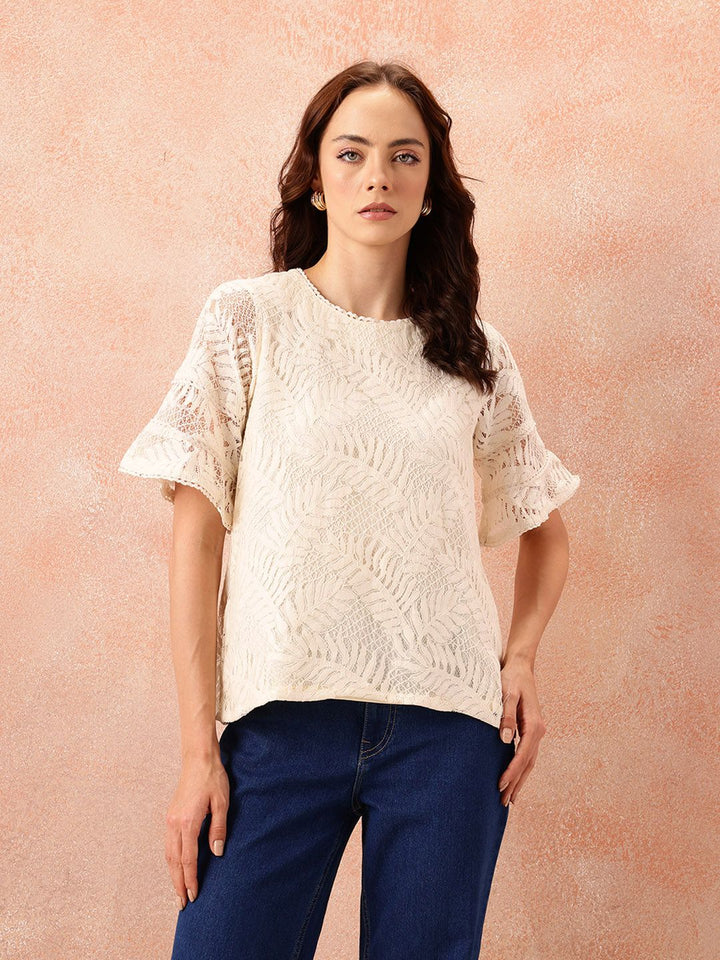 all about you Self Design Lace Up Bell Sleeve Top